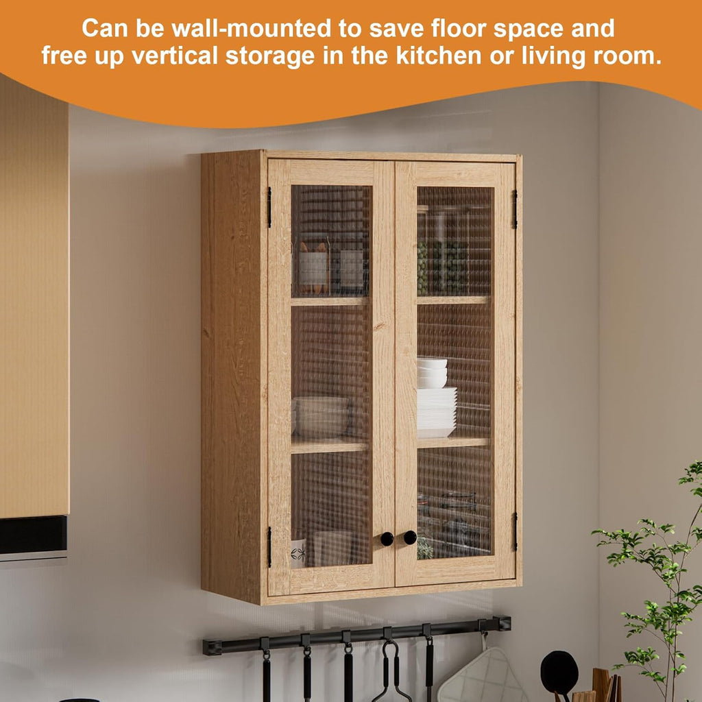 Glass Door Bookcase, Metal Display Cabinet with 2 Fixed Shelves, Wall-Mountable, Anti-Tip Safe Design, Compact Storage for Home Office, Kitchen, Living Room (Wood Tone)