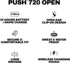 Skullcandy Push 720 Open Wireless Open Ear Bluetooth Earbuds  Headphones  Waterproof  Clip-On Lightweight Design  30 Hours Battery  Wireless Charging Pouch  Microphone for iPhone Android - True Black