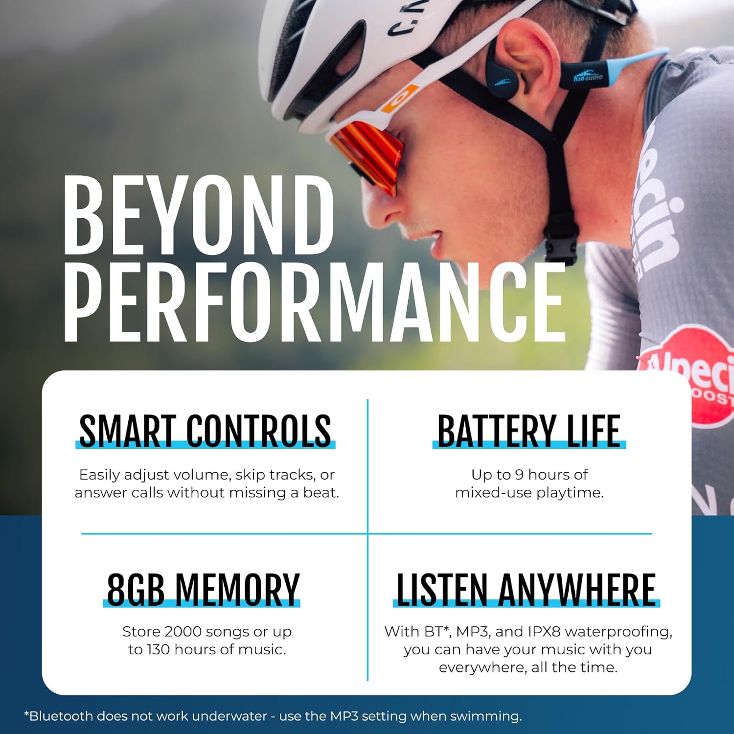 H2O Audio TRI 2 Multisport Waterproof Bone Conduction Open Ear Headphones  Bluetooth 5.3 for Running and Cycling  MP3 Mode for Swimming  8GB Memory  8.5-Hour Battery  Black/Blue