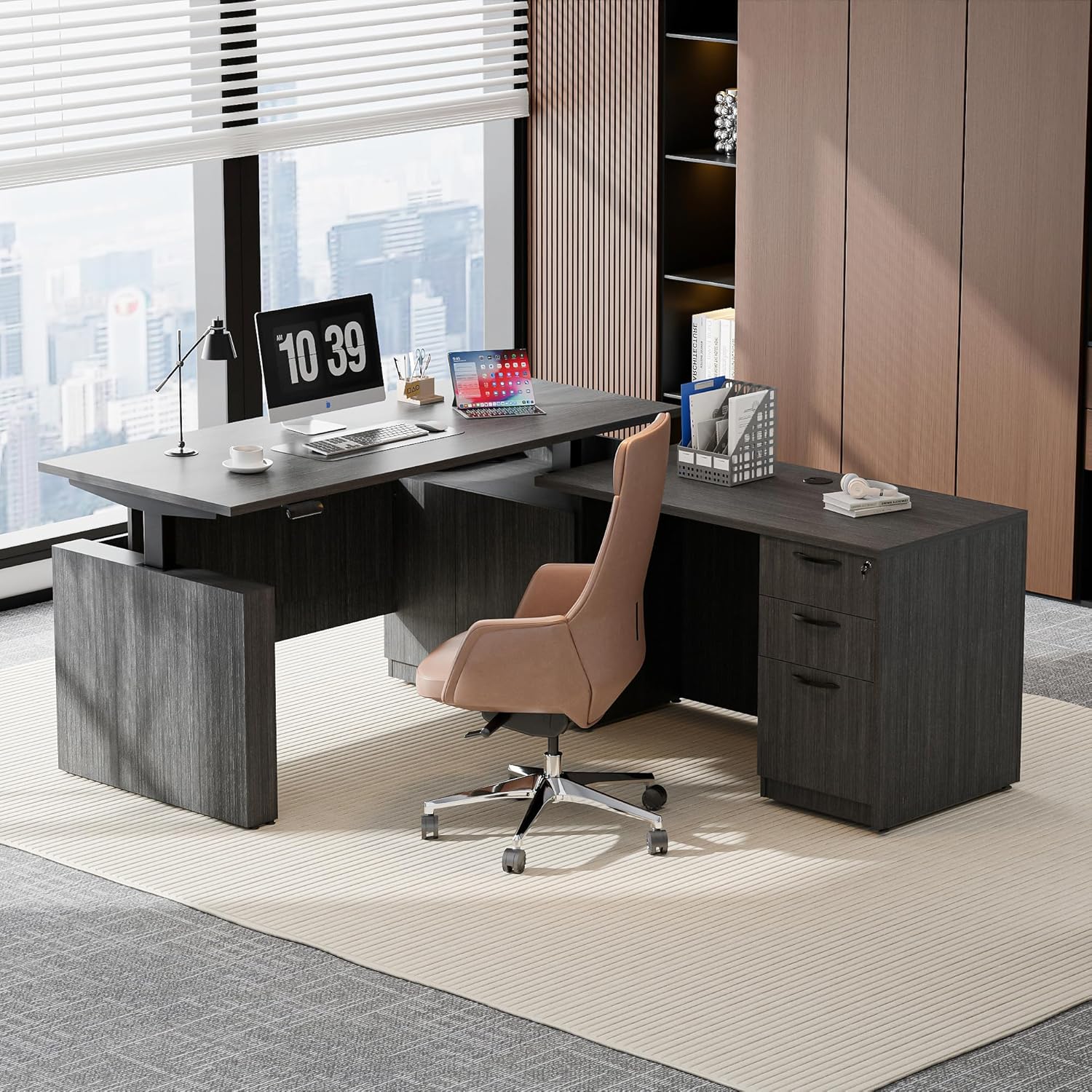 66.93" L Shaped Executive Standing Desk with Pre-Assembled Frame & Lockable Cabinets, Fixed Right-Facing Design, Dual-Motor Height Adjustable Sit-to-Stand Desk for Corporate & Home Office