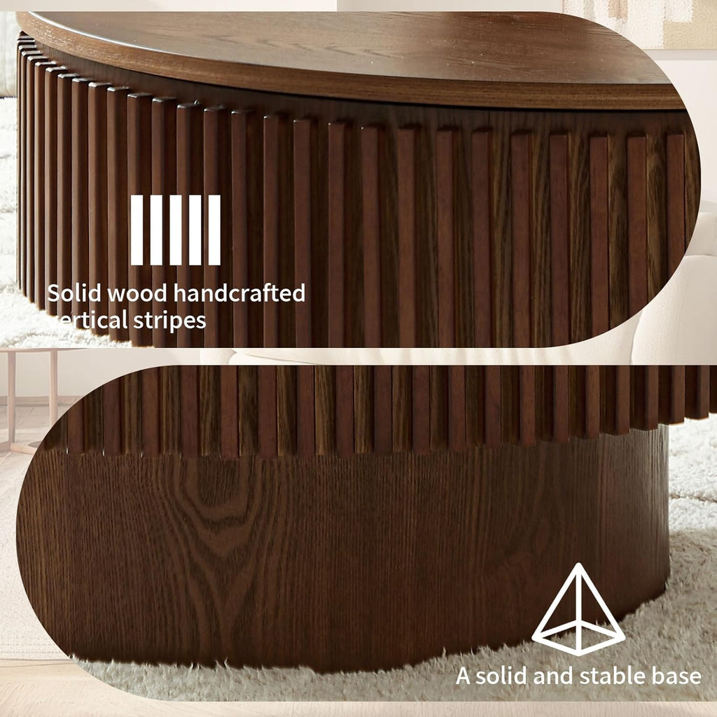 Round Coffee Table with Storage, Small Solid Wood Coffee Table for Living Room, Mid Century Modern Circle Center Tables for Small Space Apartment (31.5''D×14''H-Walnut)