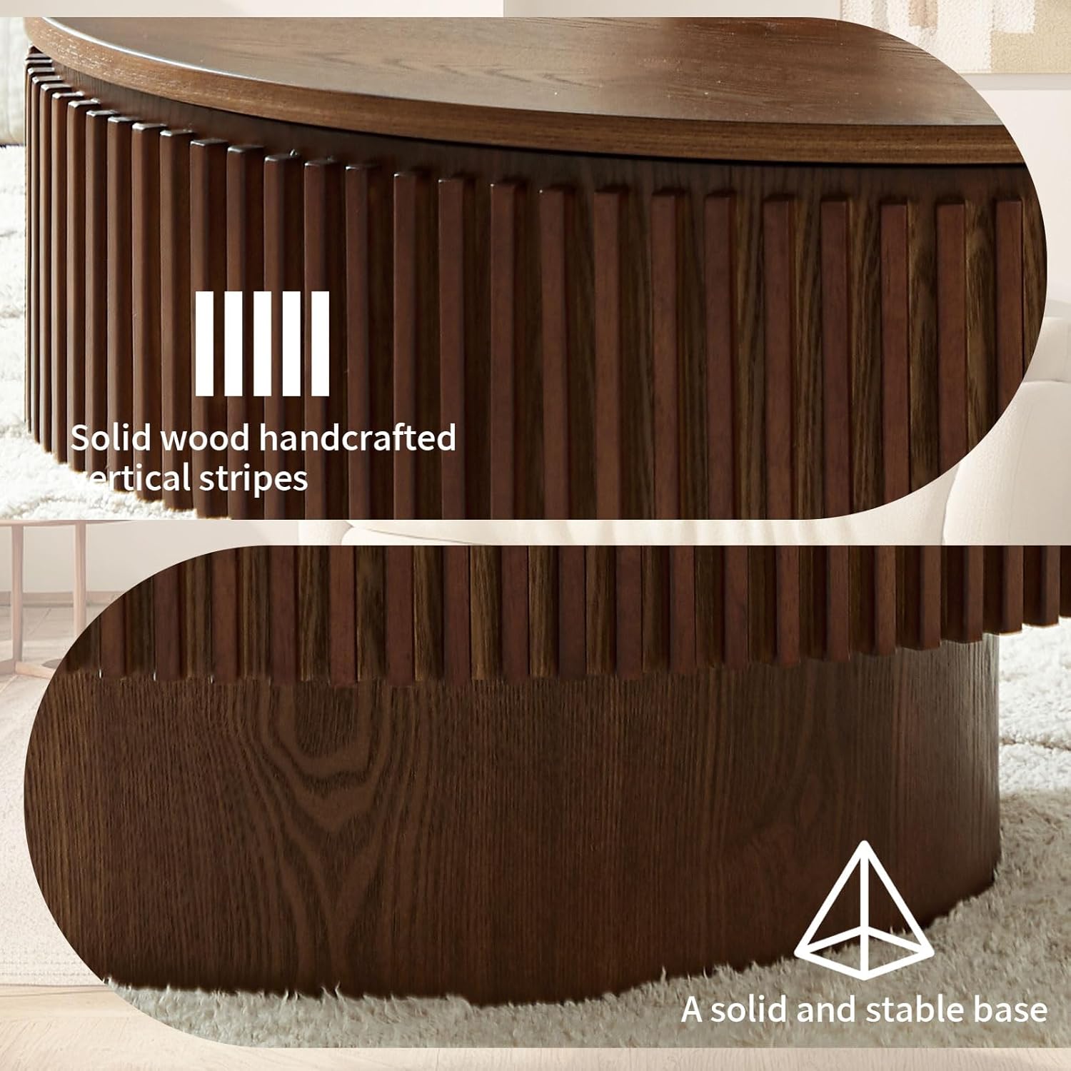 Round Coffee Table with Storage, Small Solid Wood Coffee Table for Living Room, Mid Century Modern Circle Center Tables for Small Space Apartment (31.5''D×14''H-Walnut)