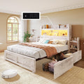 Queen Bed Frame with 49.6" Bookcase Headboard & 4 Drawers & 2 Detachable Bedside Stoage Racks, Farmhouse Wood Bed Frame with RGB LED & Charging Station, No Box Spring Needed, Distressed White