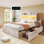 Queen Bed Frame with 49.6" Bookcase Headboard & 4 Drawers & 2 Detachable Bedside Stoage Racks, Farmhouse Wood Bed Frame with RGB LED & Charging Station, No Box Spring Needed, Distressed White