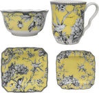 222 Fifth Adelaide Yellow 16-Piece Floral Porcelain Dinnerware Set | Microwave and Dishwasher Safe Dining Set for 4 | Stackable & Chip-Resistant Plates Bowls and Cups | Gift for Housewarming & Wedding