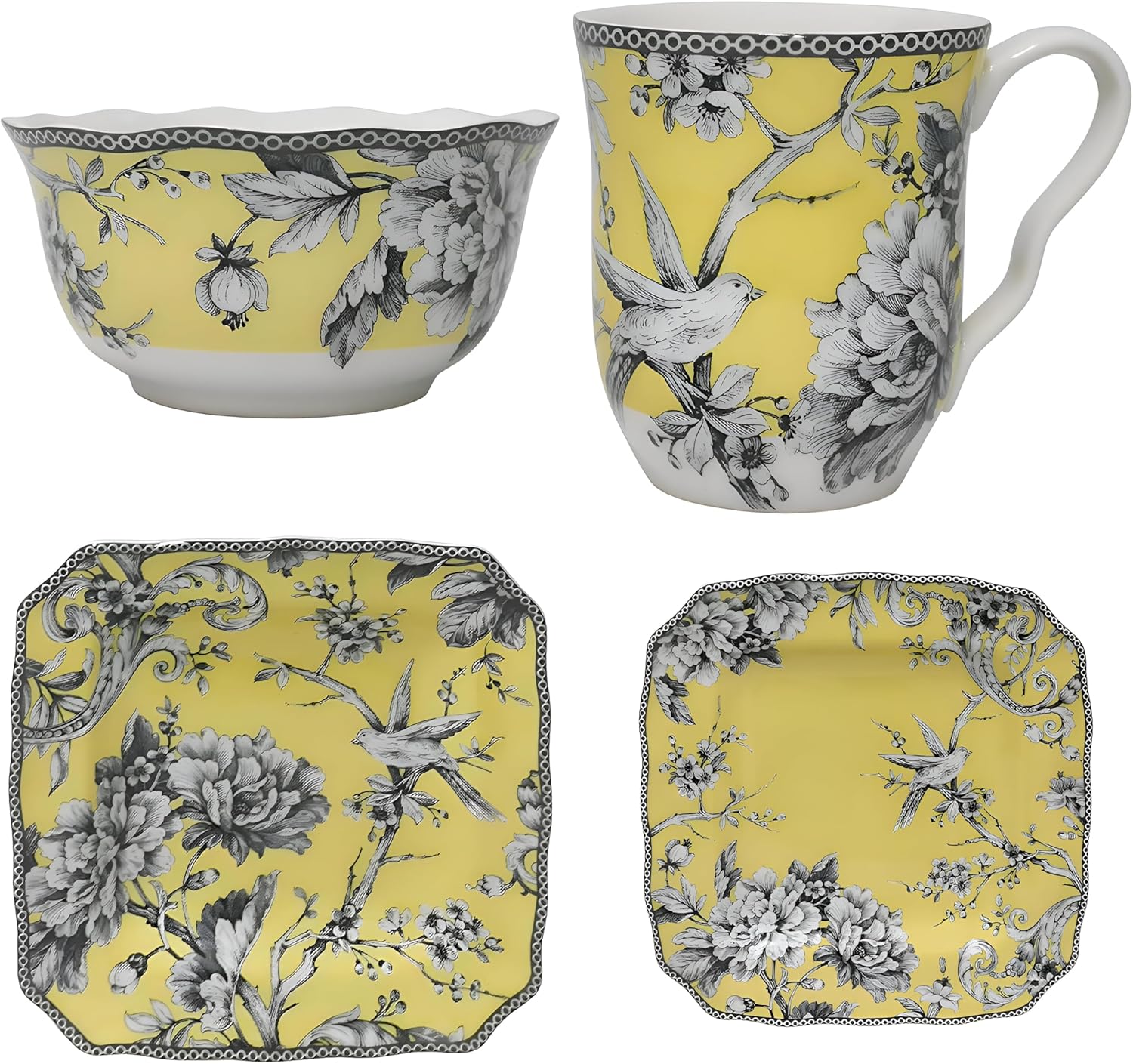 222 Fifth Adelaide Yellow 16-Piece Floral Porcelain Dinnerware Set | Microwave and Dishwasher Safe Dining Set for 4 | Stackable & Chip-Resistant Plates Bowls and Cups | Gift for Housewarming & Wedding
