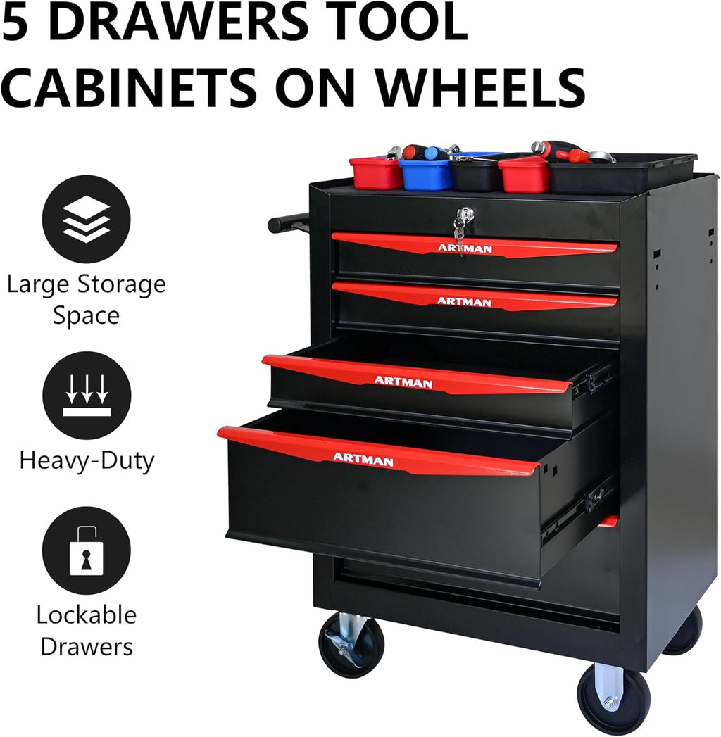 5 Drawers Tool Cart on Wheels, Multifunctional Rolling Tool Storage Chest, Drawers Rolling Trolley Organizer Tool Box for Warehouse, Garage, Workshop, Repair Shop (5 Drawers-30.5"H)