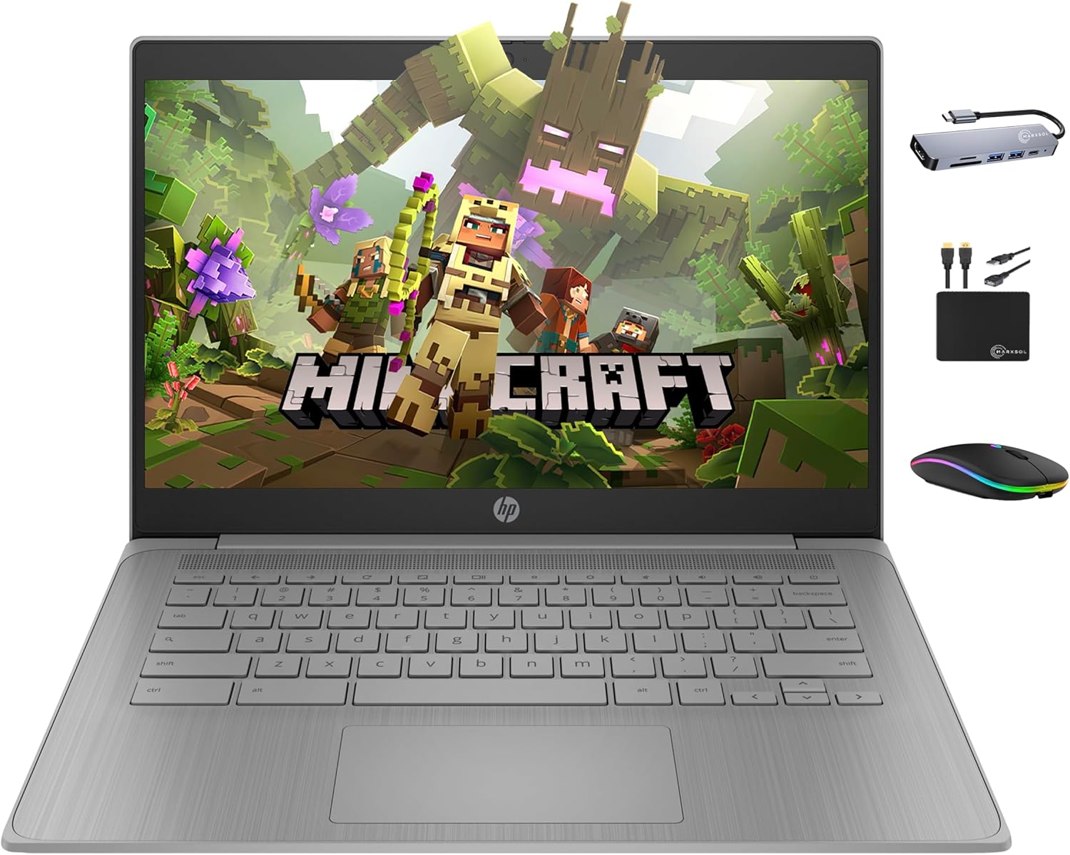 HP Chromebook 14" HD Premium Laptop Computer for Student Business  Quad-Core Celeron N4120 Processor  4GB RAM  564GB Storage (64GB eMMC + 500GB Ext)  Webcam  Long Battery  Chrome OS +MarxsolAccessory
