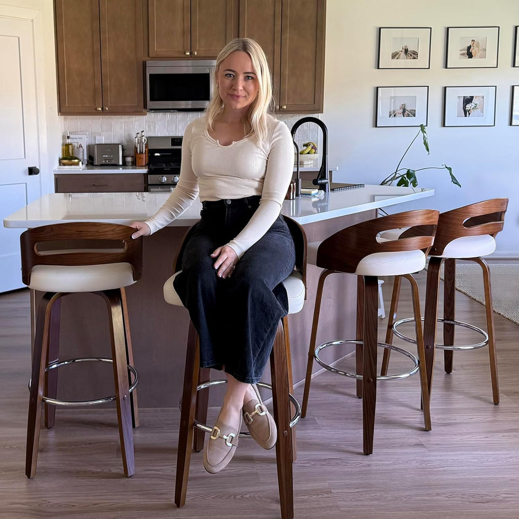 Swivel Bar Stools Set of 3, 30 inch Mid Century Bar Stools with Bentwood Curved Back, Walnut Craftsmanship, Upholstered Faux Leather, Bar Height BarStools for Bar/Cafe/Pub (Black, 30" Seat Height)