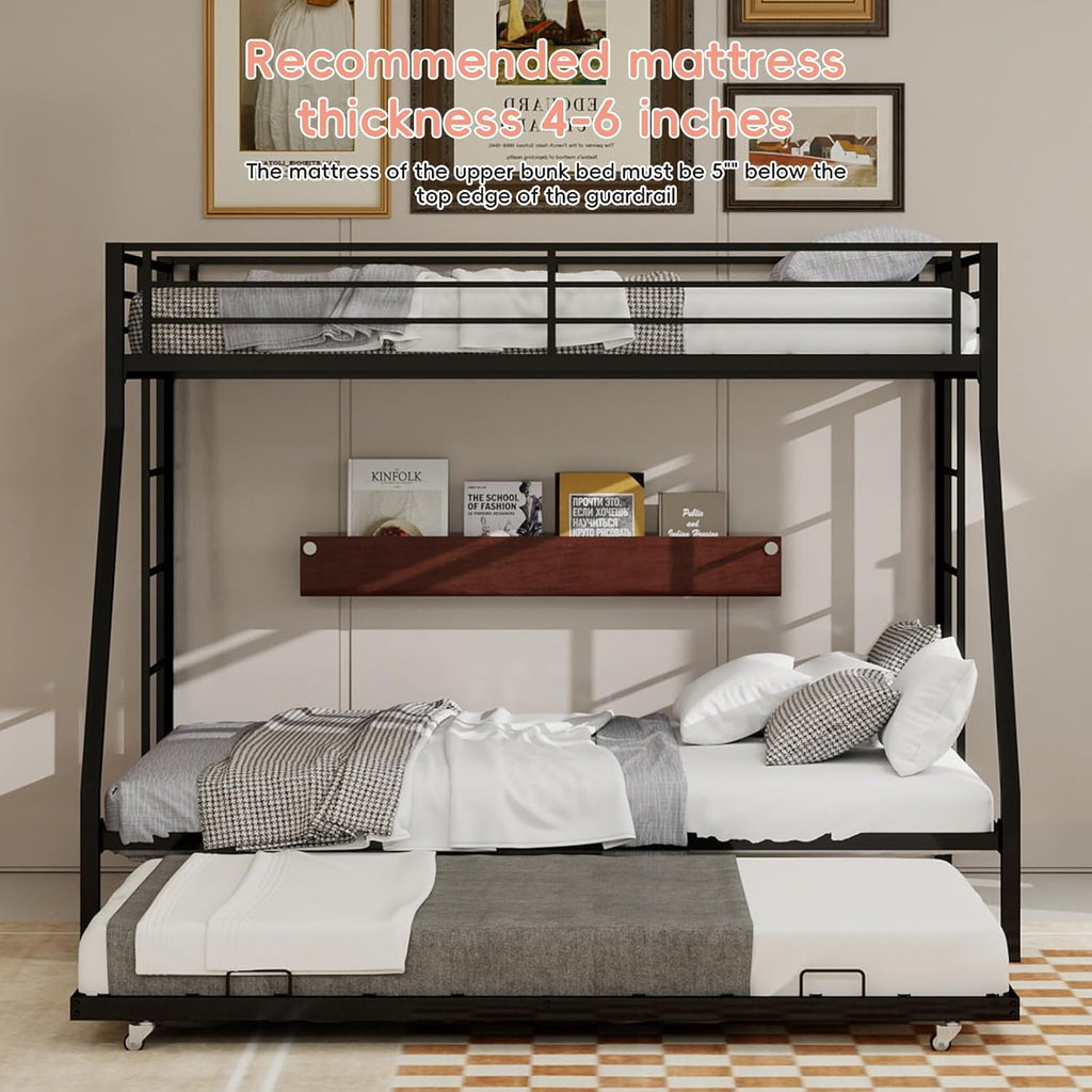 Twin XL Over Queen Bunk Bed with Trundle, Heavy Duty Metal Bunk Bed Frame with 2 Ladders and Full-Length Guardrail, Space-Saving Bunk Beds for Kids Teens Adults, No Box Spring Needed, Black