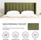 YUHUASHI upholstered Platform Bed Frame/Full Bed Frame/Modern Geometric Double-Wing Design headboard/Velvet Fabric/Easy to Assemble no Noise (Grass Green, Full)