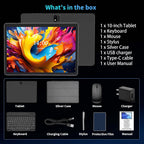 Android Tablet with Keyboard, 2026 Android 15 Tablet 10 inch, 26GB+256GB+2TB Expand, Electronic Tablet PC with Gemini, 8-Core, 8000mAh, 5G WiFi, GMS, 2 in 1 Tablet with Case/Mouse/Stylus(Silver Case)