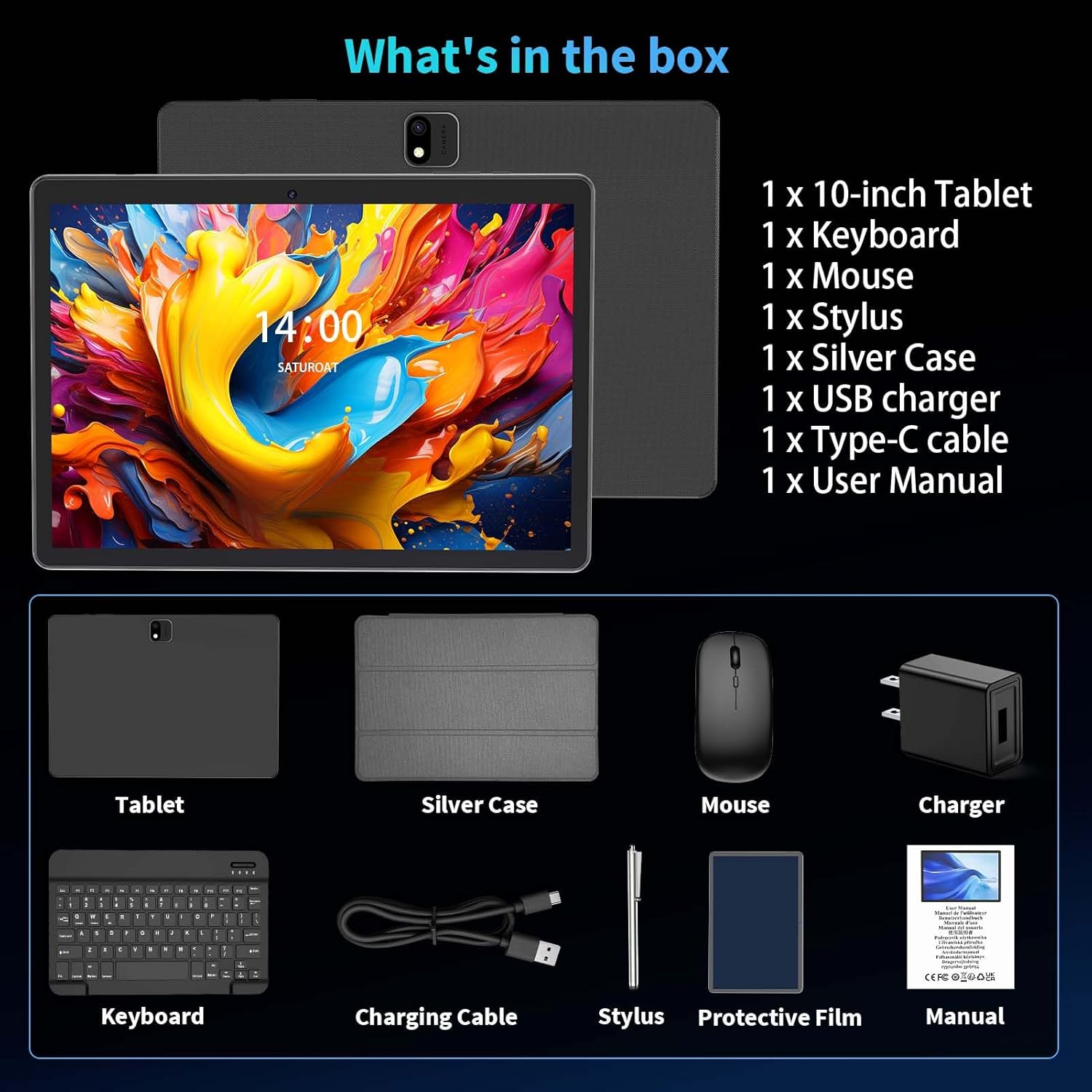 Android Tablet with Keyboard, 2026 Android 15 Tablet 10 inch, 26GB+256GB+2TB Expand, Electronic Tablet PC with Gemini, 8-Core, 8000mAh, 5G WiFi, GMS, 2 in 1 Tablet with Case/Mouse/Stylus(Silver Case)
