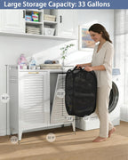 Double Tilt Out Laundry Hamper Cabinet, Locking Caster Metal Frame, Waterproof Rustproof Iron, Space-Saving Hidden Hamper, 33Gal 2-Compartment, Tilt Out Trash Can for Bathroom Family Use