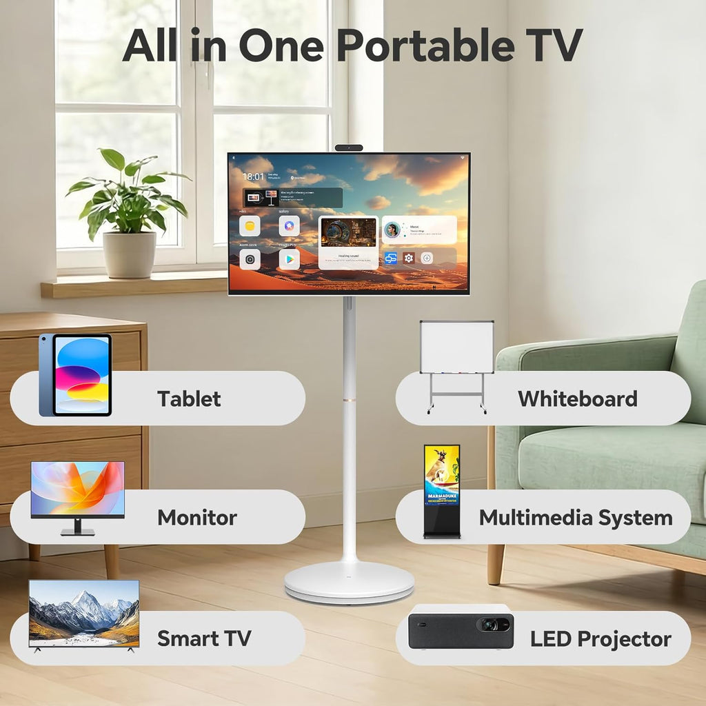 32" 2K Smart Portable TV  Rolling Android Tablet on Wheels  Touchscreen Monitor  Rechargeable Battery  Full Swivel Rotation  20W Audio Snap-on Camera