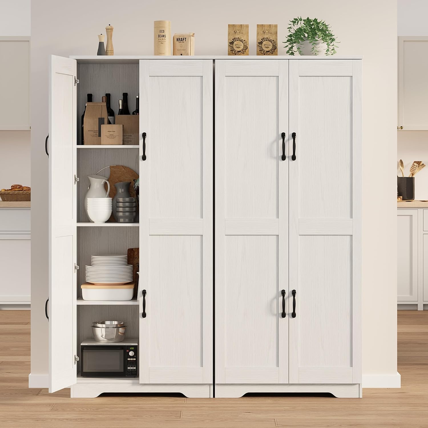 IDEALHOUSE Tall Pantry Cabinet, 60" Kitchen Pantry Storage Cabinet with 2 Doors and Adjustable Shelves, Freestanding Kitchen Cabinet, Cupboard for Dining Room, Bathroom (White)