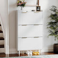 VINGLI White Fluted Shoe Storage Cabinet for Entryway with 3 Flip Drawers, Narrow Shoe Organizer with Fluted Panel, Modern Freestanding Wood Shoe Cabinet for Foyer, Hallway (White, 3 Flip Drawers)