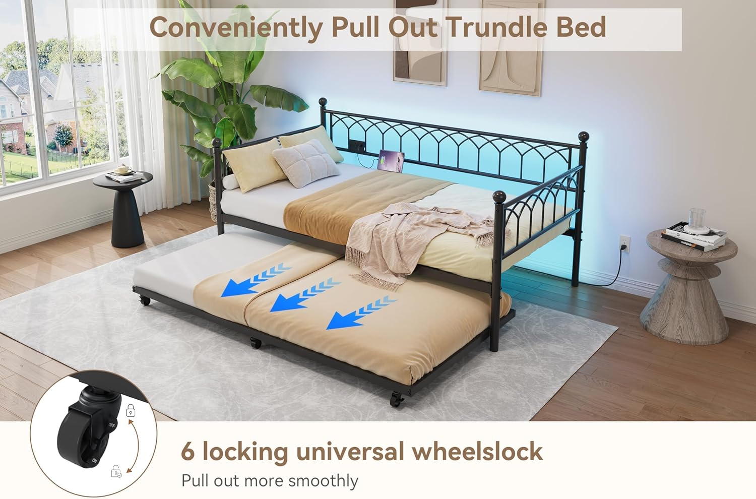 IDEALHOUSE Twin Size Daybed with Trundle, Sofa Bed Frame with Charging Station and LED Lights, Heavy Duty Metal Bed Frame, for Small Spaces, Living Room, Bedroom, Apartment, Black