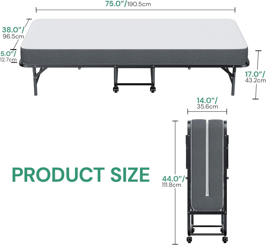 SunsGrove Twin Folding Bed with Mattress, 75" x 38" Foldable Guest Bed, Portable Rollaway Bed with 5" Memory Foam Mattress, Space-Saving Sturdy Metal Frame