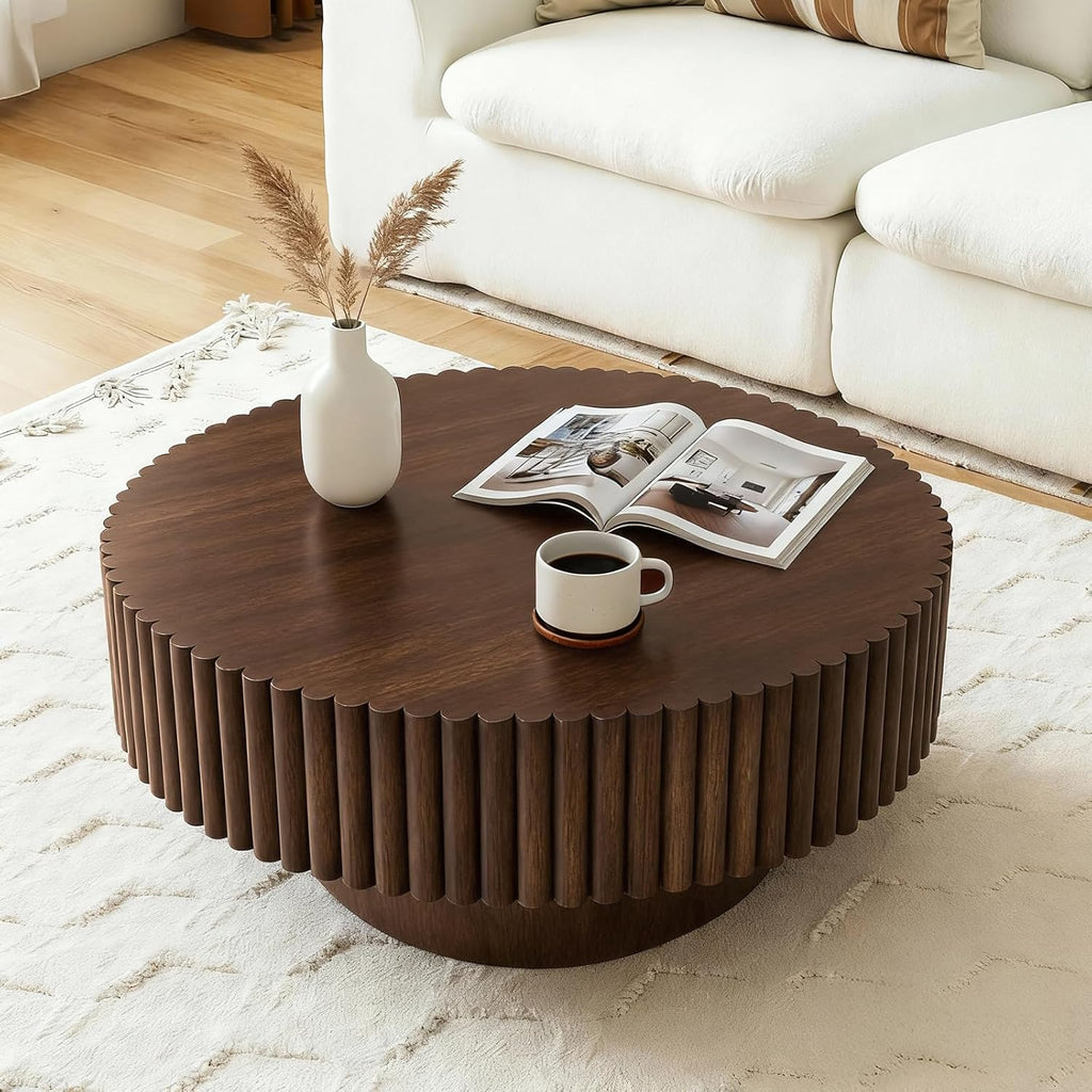 Rovibek Fluted Round Coffee Table, 31.5" Modern Wooden Coffee Table with Fluted Base, Circle Accent Center Table for Living Room Apartment Office Small Space, Easy Assembly (Walnut)