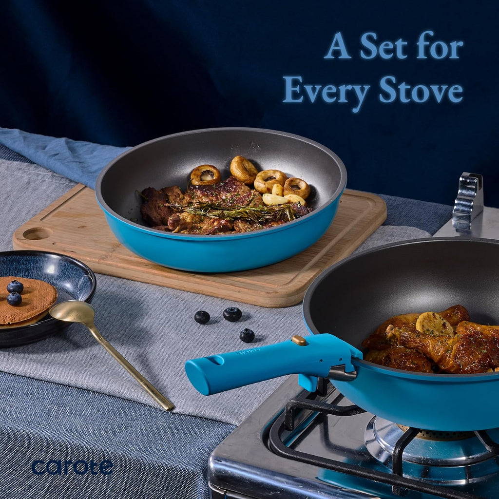 CAROTE 21pcs Pots and Pans Set, Nonstick Cookware Set Detachable Handle, Induction Kitchen Cookware Sets Non Stick with Removable Handle, RV Cookware Set, Peacock Blue