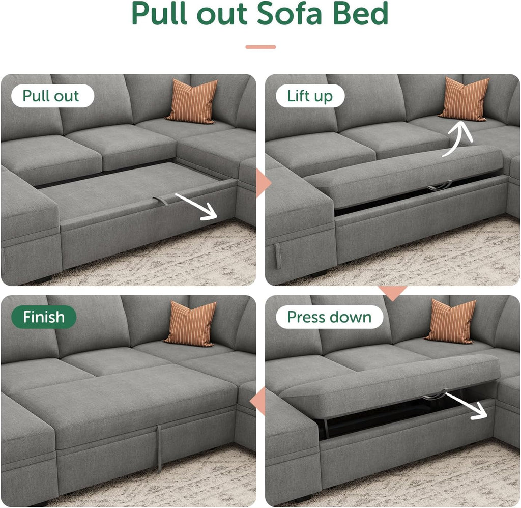 HONBAY Modular Sectional Sleeper Sofa Bed, Chenille Pull Out Couch with Storage Ottoman, U Shaped Sectional Couches for Living Room, Warm Grey