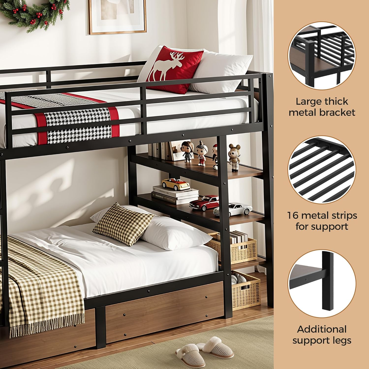 Bunk Bed Twin Over Twin with Stairs, LED Lights, 2 Storage Drawers, USB Charging, Industrial Bunk Beds Heavy Duty Metal Bed Frame with Safety Guardrail, Space Saving, Sturdy Frame for Teen/Adult