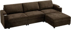 108'' Chenille Sectional Couch with Storage Armrests,L Shaped Upholstered Sofa with Movable Ottoman, 4-Seat Modular Couch with Cup Holders for Living Room, Brown