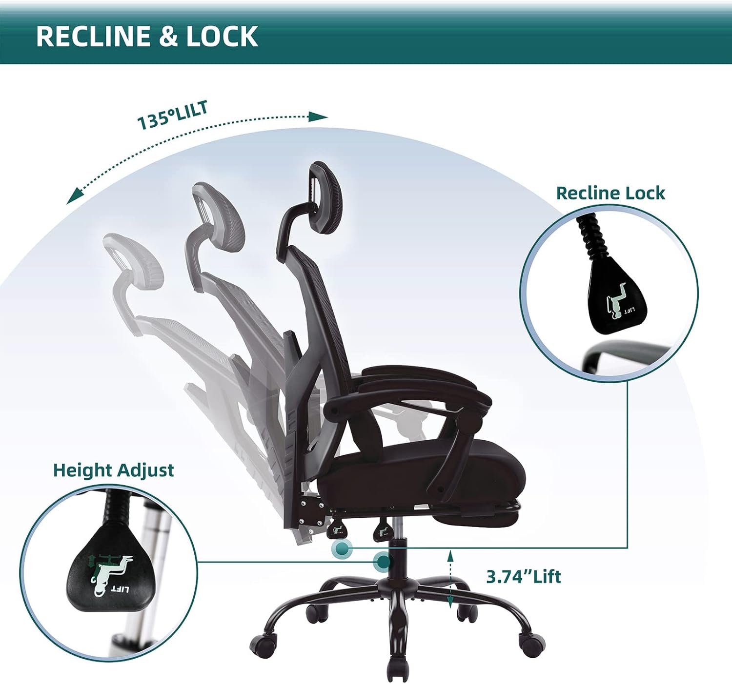 DUMOS Home Office Desk Chair with Footrest, High-Back Mesh Rolling Swivel Reclining Chairs with Wheels, Comfortable Headrest, Lumbar Support, Comfy Arms for Home, Office, Gaming, Student, Inky