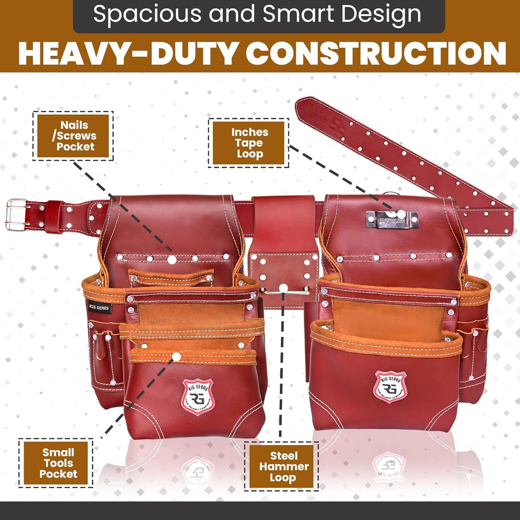 Professional 11 Pockets Leather Tool Pouch Bags/Carpenter Tool Belt Set | Heavy-duty Drywall Pouch, Electrician Pouch, And Framing Tool Belt Pouches (Maroon, Standard)