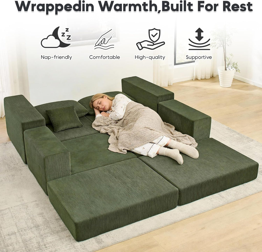 L Shaped Modular Sofa Bed with Ottoman, Corduroy Folding Floor Convertible Sofa Couch Bed, Boneless Combination Design Loveseat Sleeper Couch with Non Slip Base for Living Room, Green