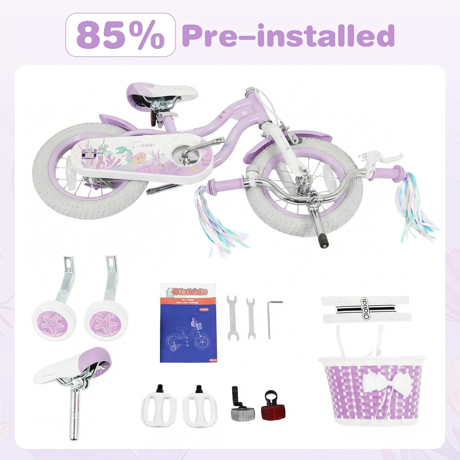 Olakids Kids Bike, 12 14 16 18 20 Inch Mermaid Theme Girls Bicycle with Training Wheels Basket Adjustable Seat and Handlebar Dual Brake