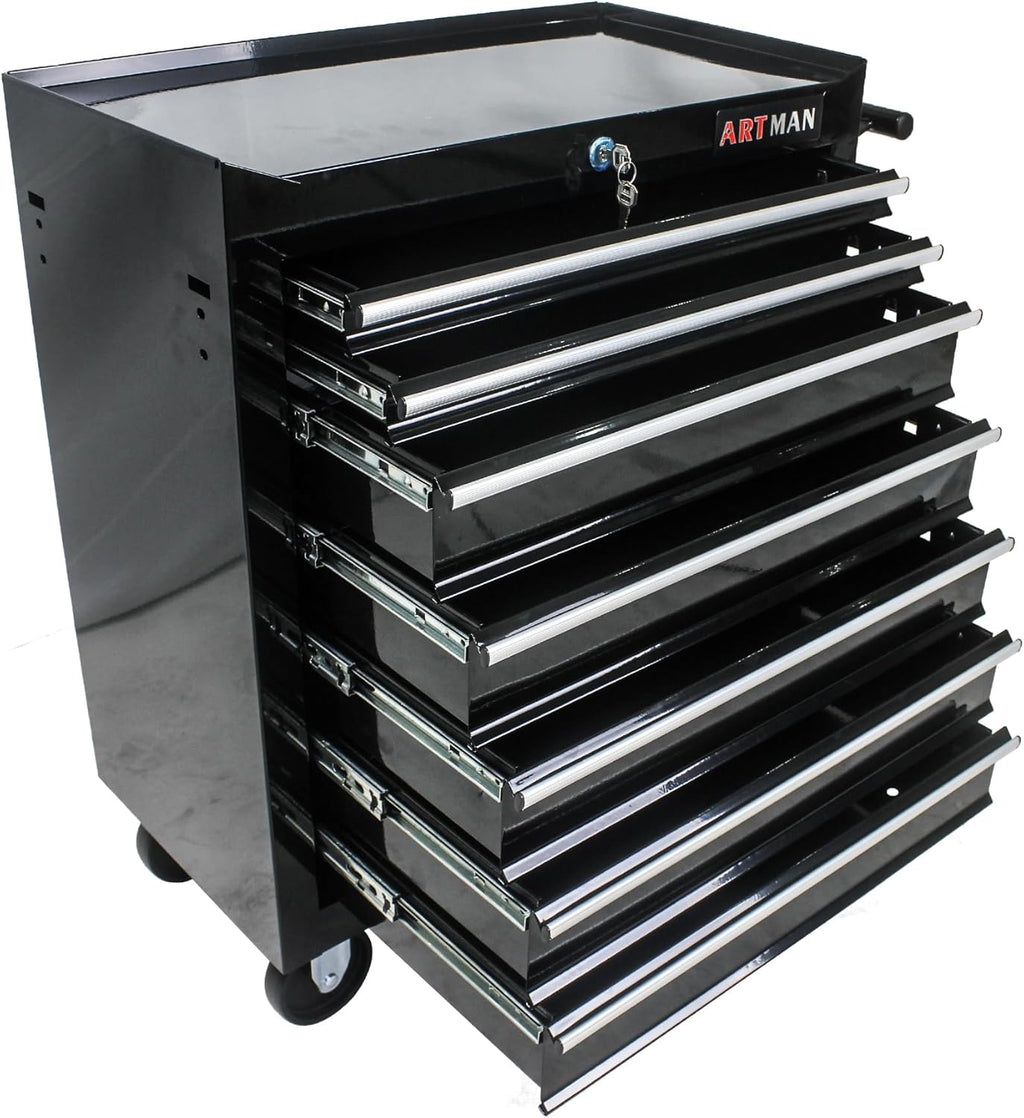 7-Drawer Rolling Tool Chest Cabinet, Large Capacity Metal Tool Box with Wheels and Keyed Locking, Roll Around Storage Organizer Tool Cart for Garage, Warehouse, Work Shop (Black04)