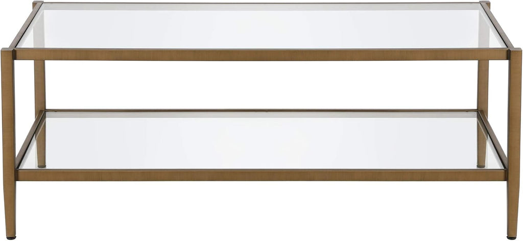 Henn&Hart 45" Wide Rectangular Coffee Table with Glass Shelf in Antique Brass, Coffee Table coffee tables for living room, studio apartment essentials