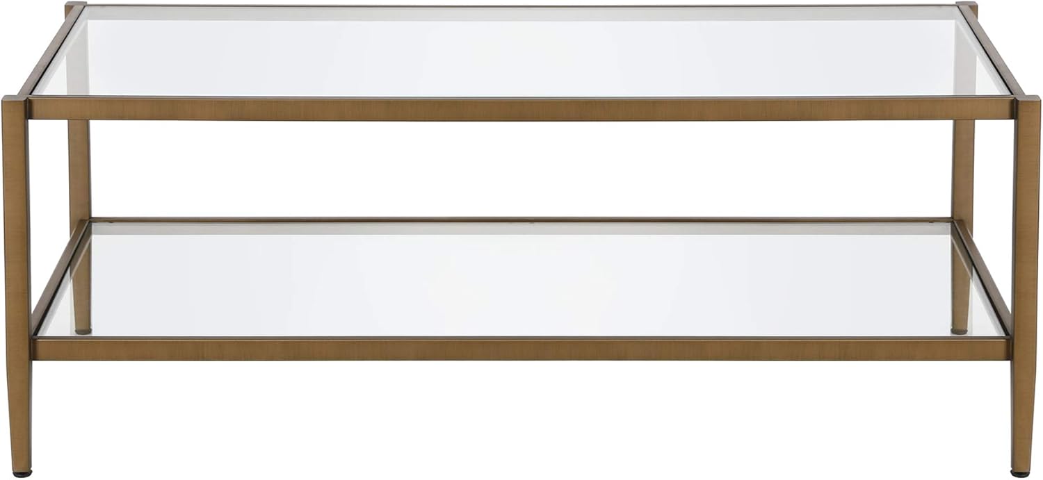Henn&Hart 45" Wide Rectangular Coffee Table with Glass Shelf in Antique Brass, Coffee Table coffee tables for living room, studio apartment essentials
