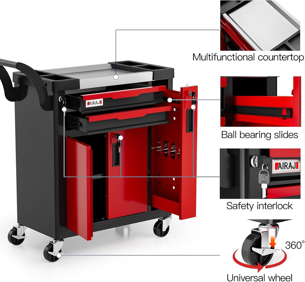 2-Drawer Tool Chest with Wheels, Rolling Tool Chest with Side Drawer,Tool Cabinet Drawers lockable,Tool Cart with Top compartment,for Garage Storage,Workshop,Home,Safety Rounded Corner Anti-collision