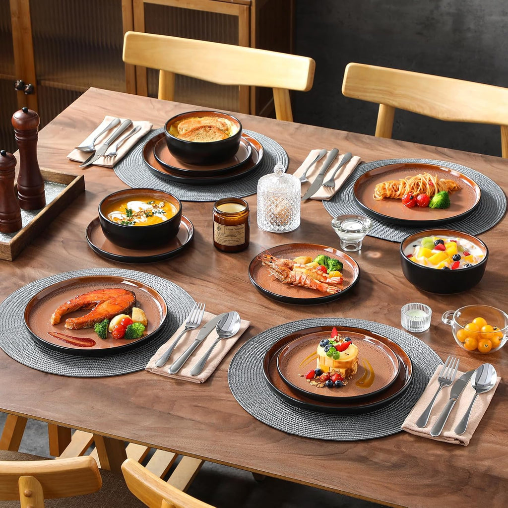 vancasso Plates and Bowls Sets, 18 Pieces Stoneware Dinnerware Sets for 6, Kitchen Dish Set Mircowave and Dishwasher Safe Ceramic Dishware, Dark Brown, Series AMBER