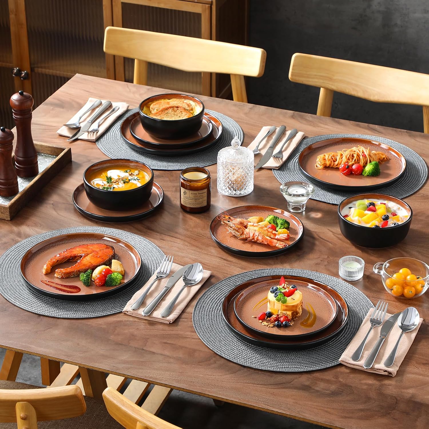 vancasso Plates and Bowls Sets, 18 Pieces Stoneware Dinnerware Sets for 6, Kitchen Dish Set Mircowave and Dishwasher Safe Ceramic Dishware, Dark Brown, Series AMBER
