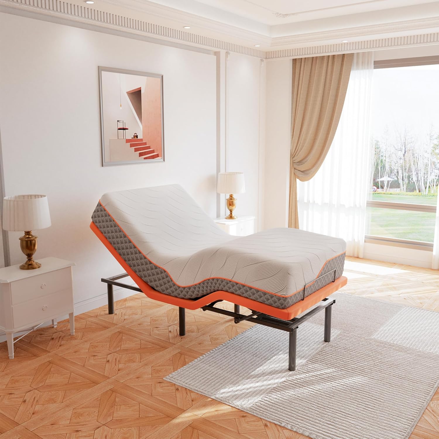 ESHINE Twin XL Adjustable Bed Frame with Mattress - 12" Memory Foam Hybrid Mattress(Medium), Wireless Remote, 5 Minutes Installation, Head and Foot Incline, 2000 Series