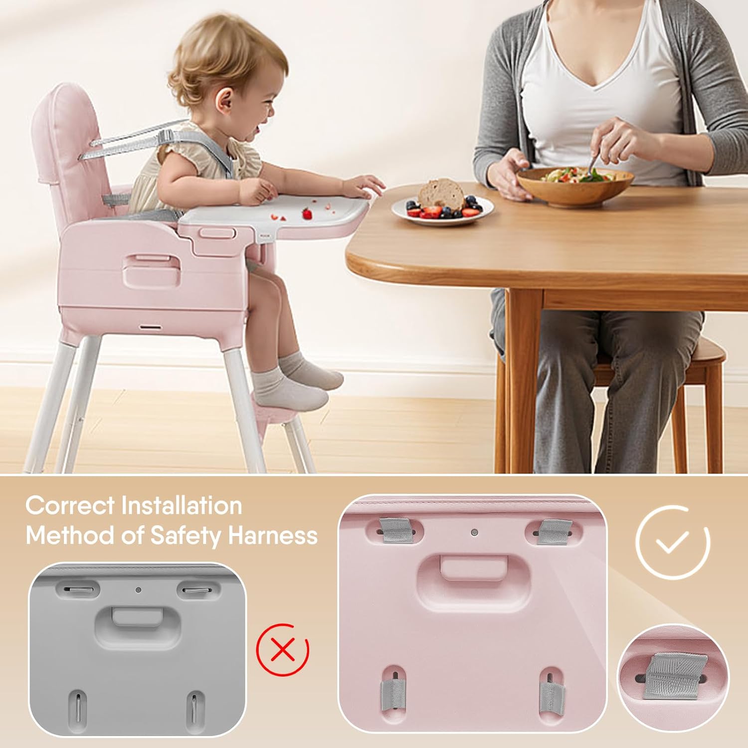 Obee Odee 3-in-1 Portable Baby High Chair for Babies and Toddlers, Convertible Easy Clean Infant Foldable Highchair with Adjustable Legs & Dishwasher Safe Tray, Pink