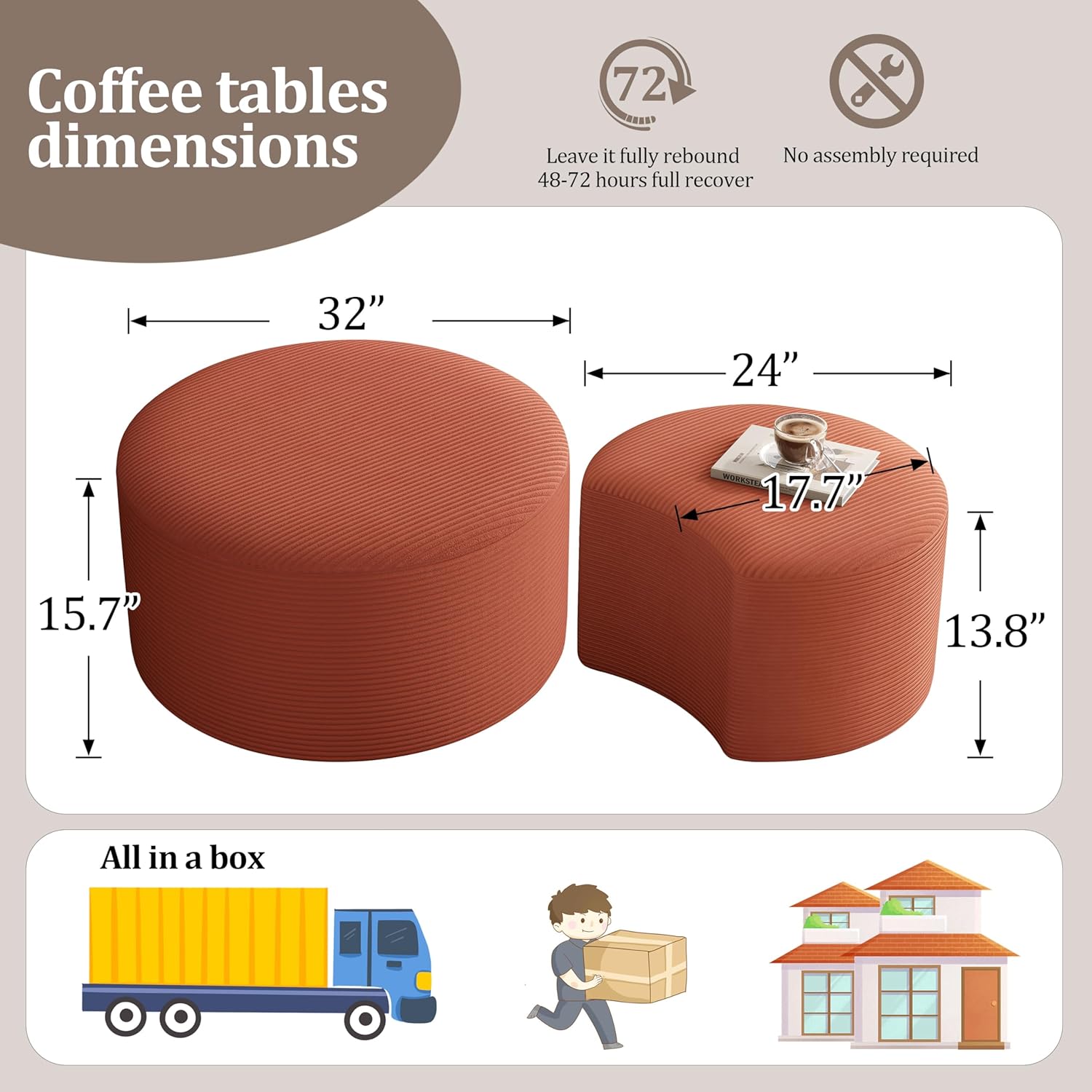 BSHOMGI Nesting Coffee Table Set of 2, Upholstered Round Corduroy Circle Foam Round Side Table for Living Room, Entryway Set, 32"+17" Footrest No Assembly (Orange, 32"+17")