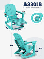 KINGYES Adirondack Rocking Chair with Retractable Ottoman and Cup Holders, HDPE Adirondack Rocker Patio Rocking Chair for Porch, Patio, Balcony, Aqua Blue