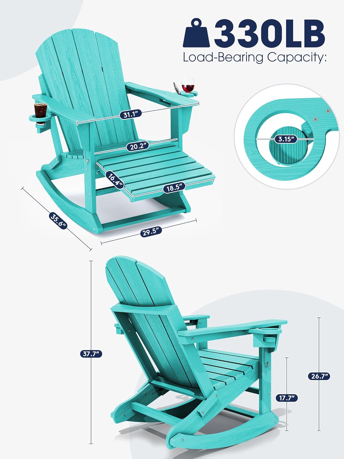 KINGYES Adirondack Rocking Chair with Retractable Ottoman and Cup Holders, HDPE Adirondack Rocker Patio Rocking Chair for Porch, Patio, Balcony, Aqua Blue