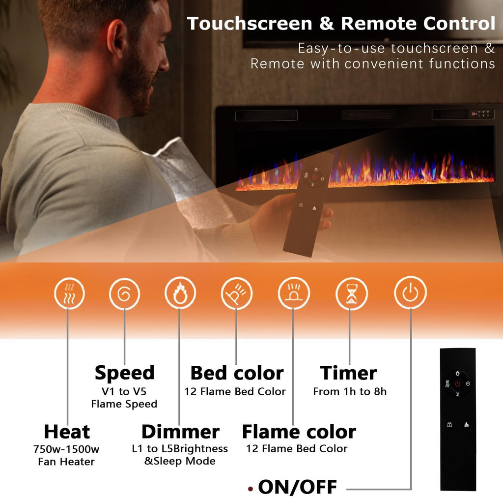 Vitesse 72 Inch Ultra Thin Electric Fireplace-Narrow Bezel Linear Fireplace Heater Recessed Wall Mounted, Remote and Screen Control, 8H Sleep Timer, Low Noise, 750/1500W for Living Room, Bedroom