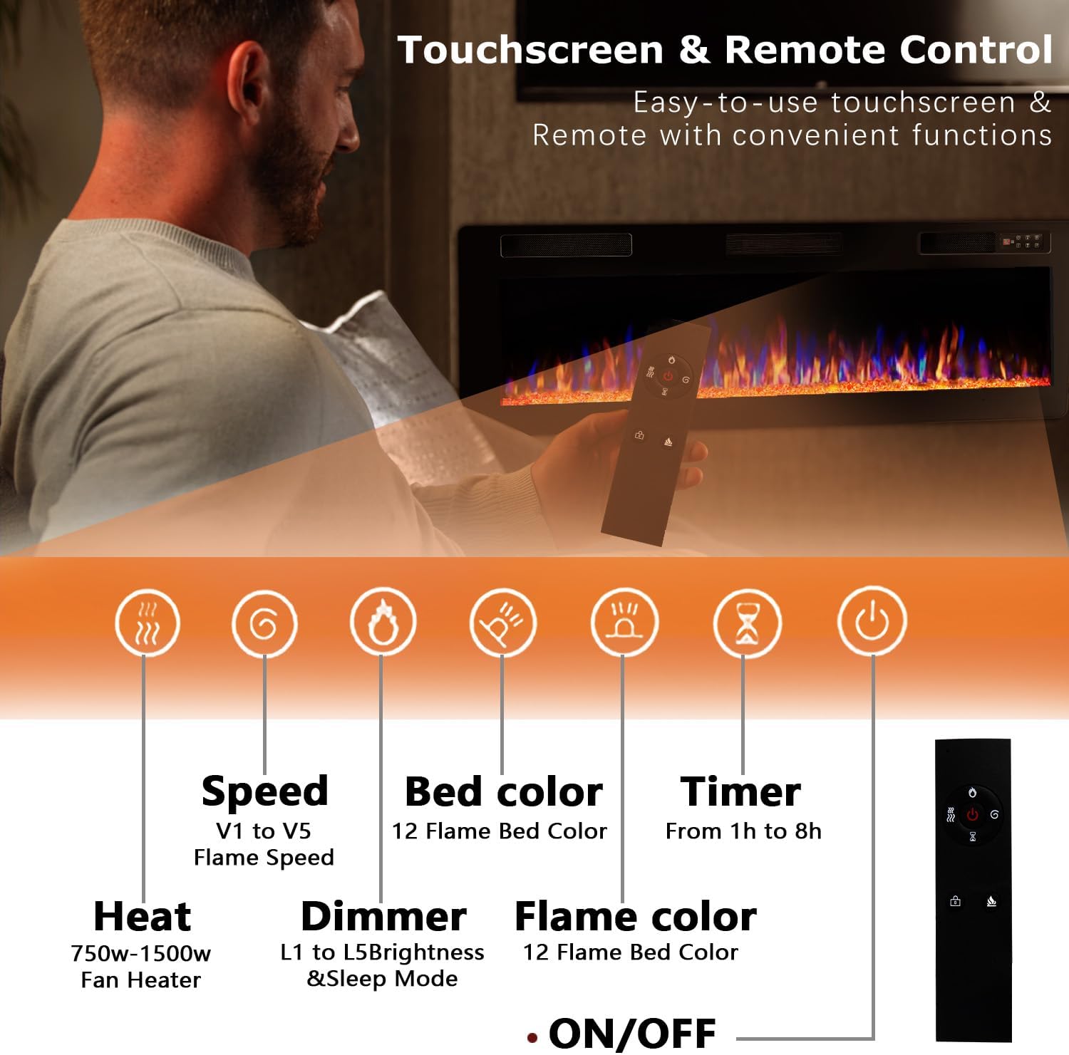 Vitesse 72 Inch Ultra Thin Electric Fireplace-Narrow Bezel Linear Fireplace Heater Recessed Wall Mounted, Remote and Screen Control, 8H Sleep Timer, Low Noise, 750/1500W for Living Room, Bedroom
