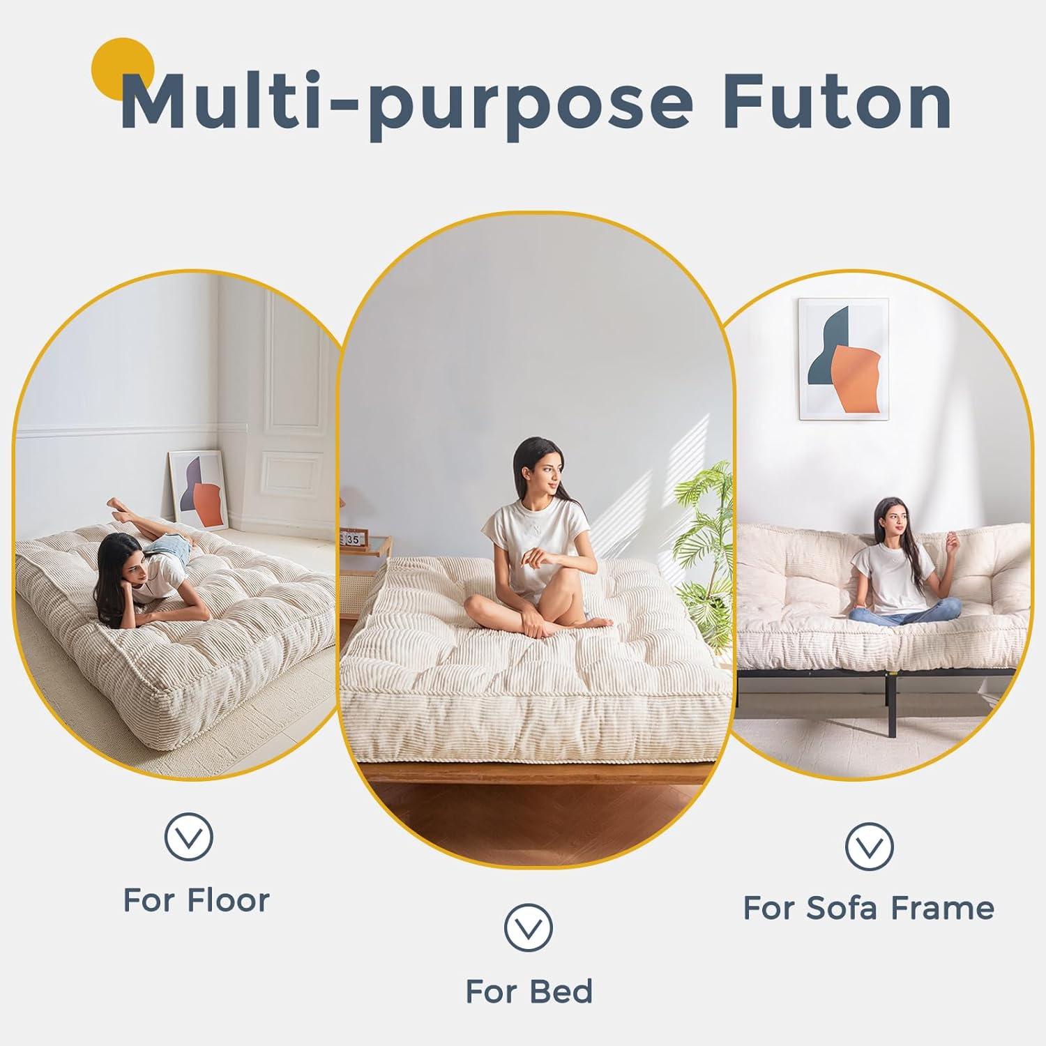 MAXYOYO 8" Futon Mattress Full Size, Ultra Thick Futons Sofa Couch Tufted Sleeper Sofa MAt, Floor Mattress for Adults, Shredded Foam Filling (Frame Not Included), Beige