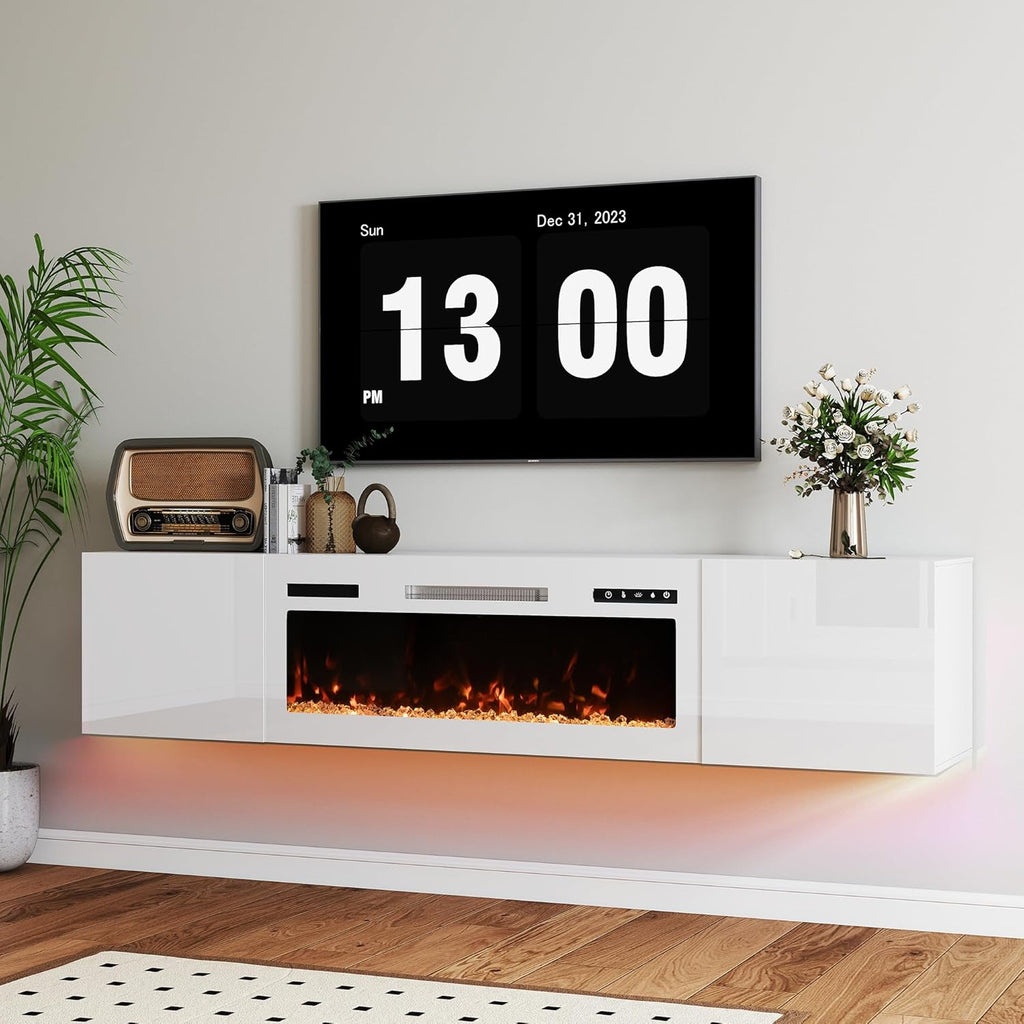 Real Relax 70" Floating TV Stand with 36" Electric Fireplace, Wall Mounted Entertainment Center with Storage, Remote Control, Modern LED Lights Fireplace TV Console for TVs Up to 80", All White