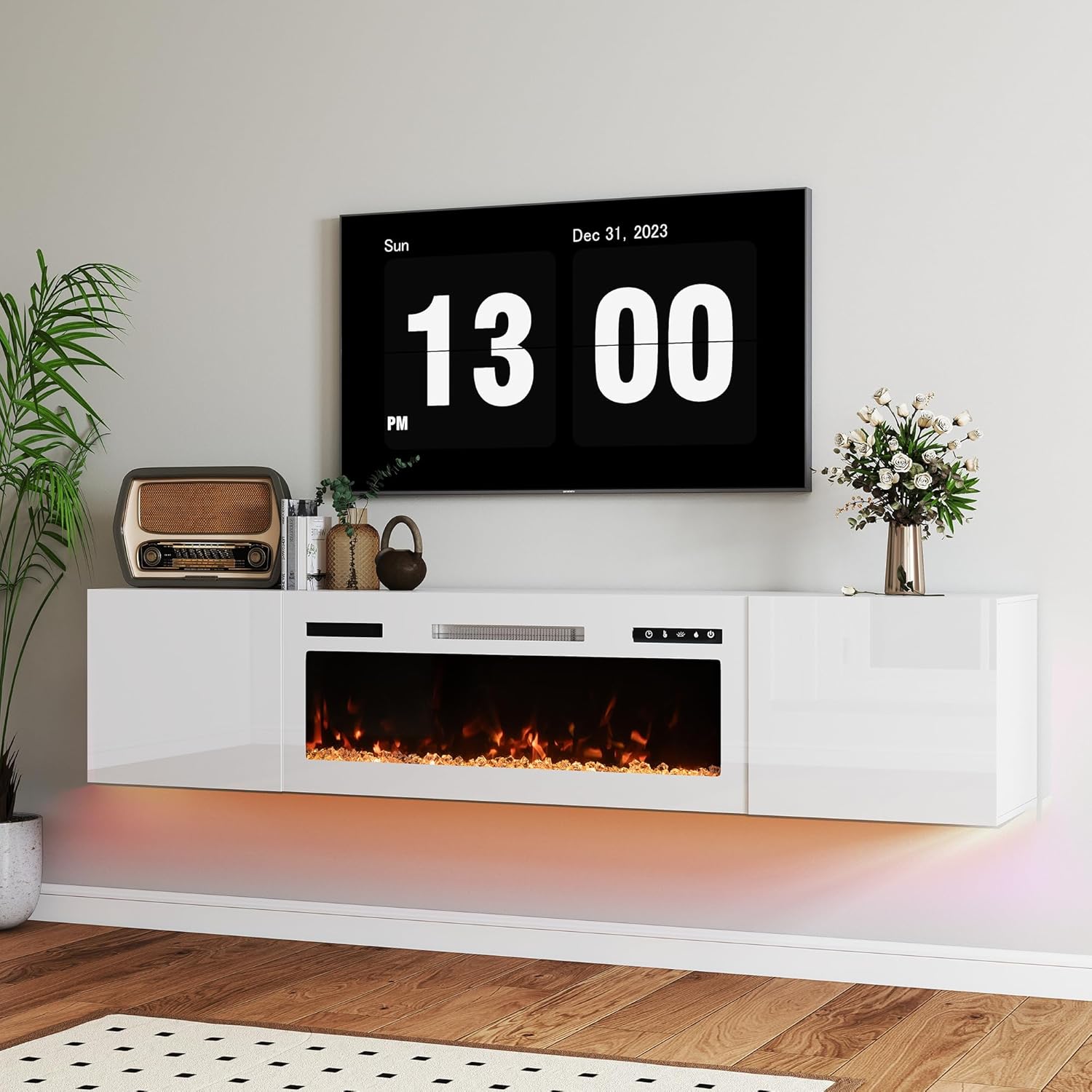 Real Relax 70" Floating TV Stand with 36" Electric Fireplace, Wall Mounted Entertainment Center with Storage, Remote Control, Modern LED Lights Fireplace TV Console for TVs Up to 80", All White