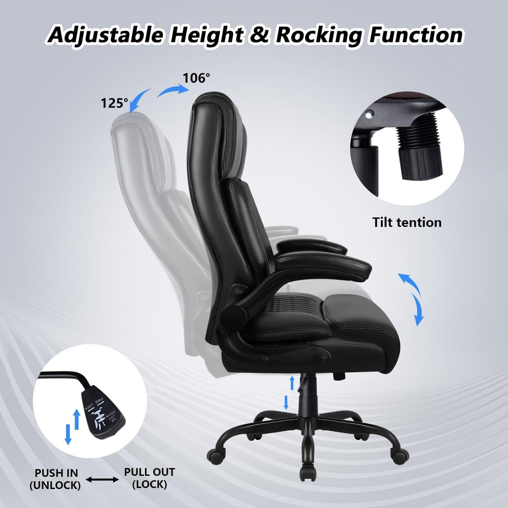 Big and Tall Office Chair 400LBS, Heavy Duty Executive Office Desk Chair with Flip-up Armrest, Ergonomic Swivel High Back Office Chairs with Lumbar Support, PU Leather, Black