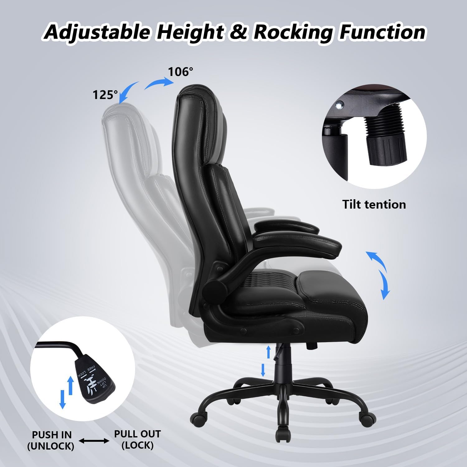 Big and Tall Office Chair 400LBS, Heavy Duty Executive Office Desk Chair with Flip-up Armrest, Ergonomic Swivel High Back Office Chairs with Lumbar Support, PU Leather, Black